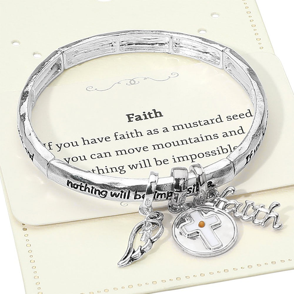 Faith Charm Bracelet Angel Wing Cross Mustard Seed Engraved Stretch Bangle Gift