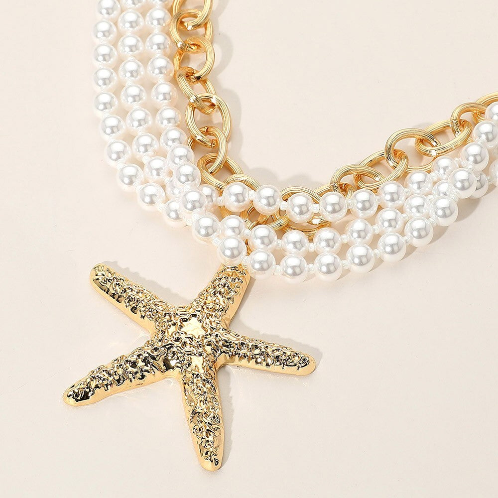 Layered Starfish Pendant and Pearl Beaded Necklace for Women