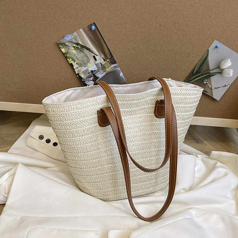 Women’s Large Capacity Paper  Woven Shoulder Bag Summer Basket Handbag Beige