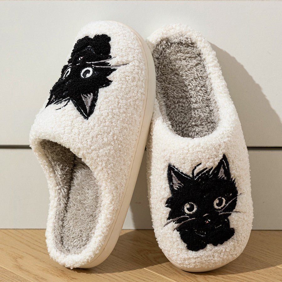 White Fuzzy Cat Slippers Indoor Shoes Black Cat Face Embroidery Soft Plush