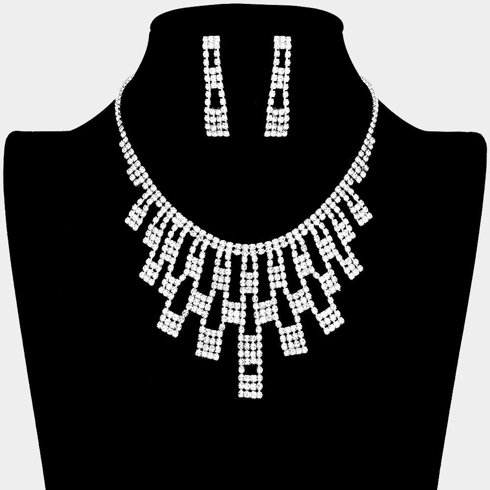 2pc Silver Rhinestone Fringe Statement Necklace & Earring Set