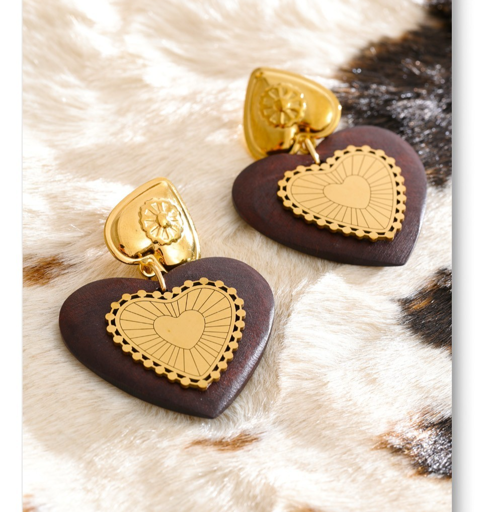 Wood Heart Dangle Earrings 18K Gold Plated Stainless Steel Drop