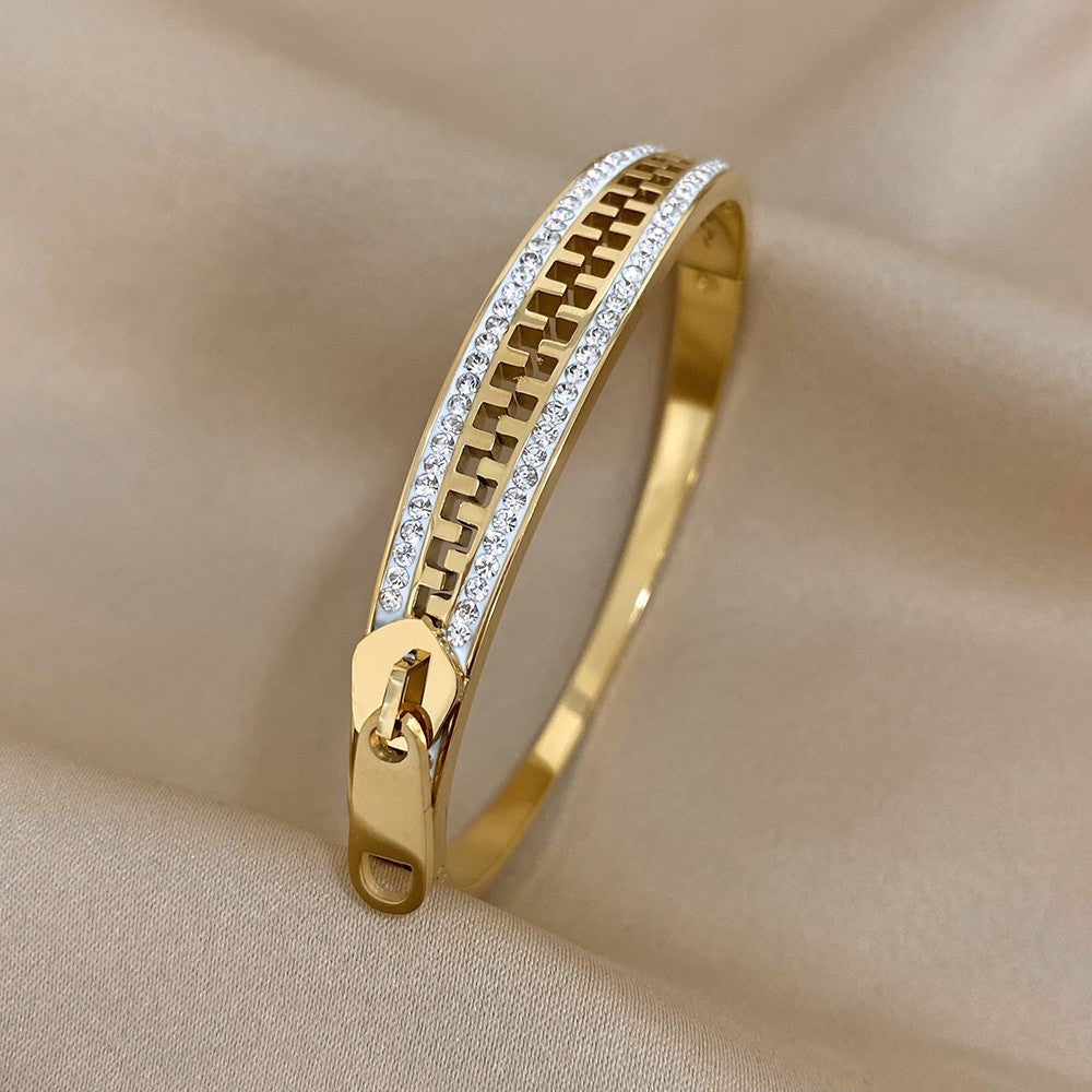 Gold Plated Zipper Charm Bangle Bracelet | Stainless Steel Luxury Zip Hand Jewel