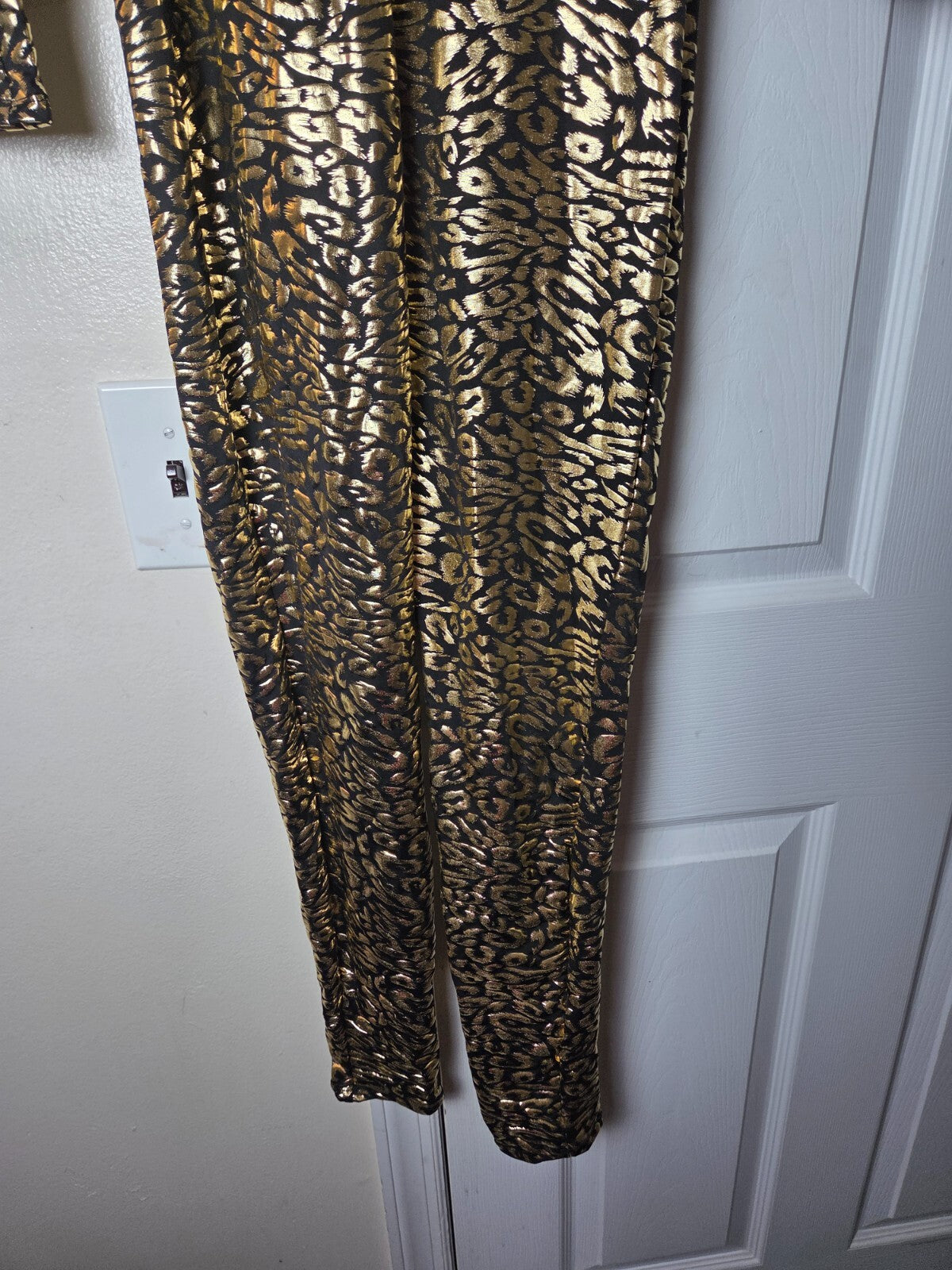 Women’s Leopard Print Bodysuit Jumpsuit Cat Costume Gold Detail Size US S/M