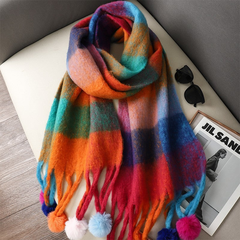 Vibrant Plaid Pom Pom Tassel Scarf Oversized Fuzzy Fluffy Shawl Wrap