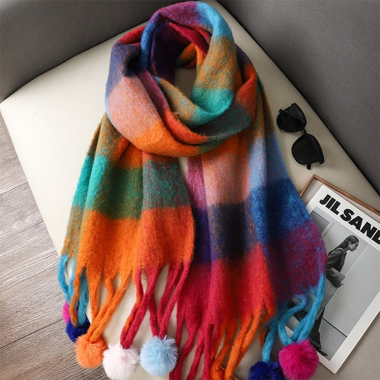 Vibrant Plaid Pom Pom Tassel Scarf Oversized Fuzzy Fluffy Shawl Wrap
