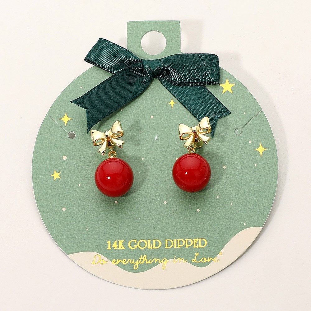 14K Gold Dipped Red Ball Drop Bow Stud Earrings Christmas Party