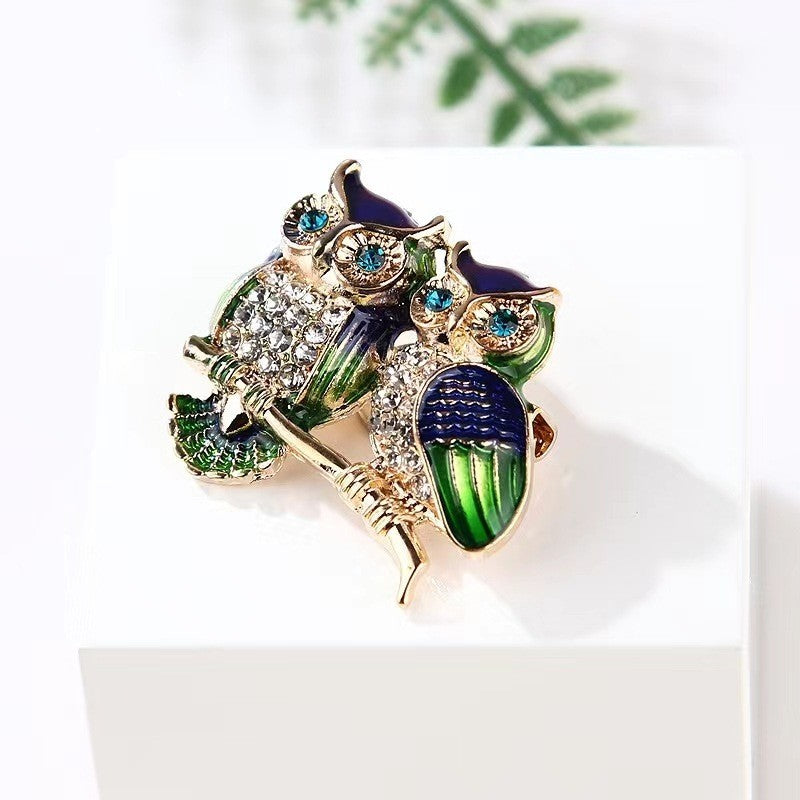 Owl Couple Brooch Pin Rhinestone Enamel Bird Jewelry Gift