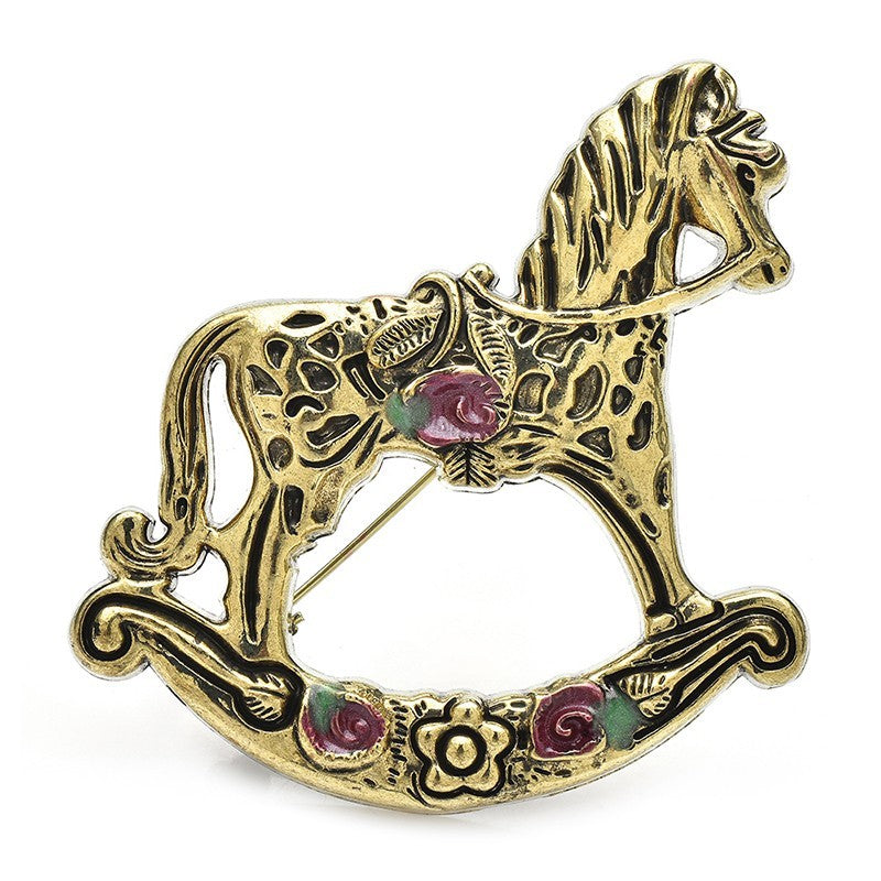 2pcs Vintage Antique Gold Rocking Horse Brooch Pink Rose Floral Equestrian Pin