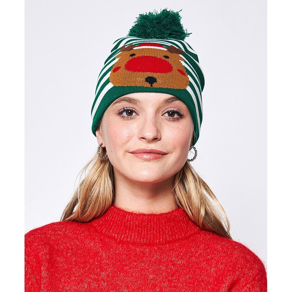 2PC Reindeer Pom Pom Hat Set Green Red Stripe Christmas Beanie Ugly Sweater