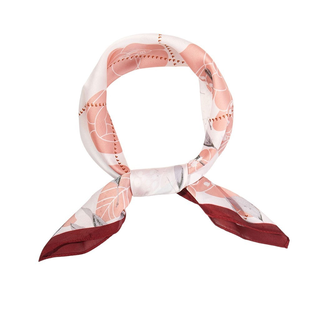 Floral Geometric Pattern Printed Square Silky Satin Bandana Scarf for Women Red