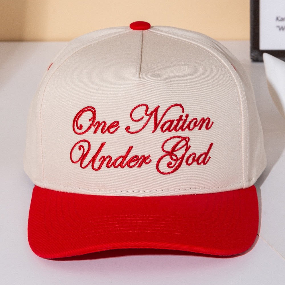 One Nation Under God Embroidered Baseball Cap - Cream & Red Snapback Trucker Hat