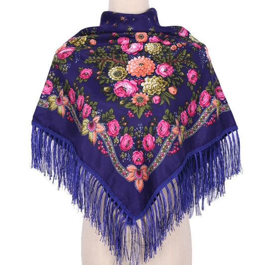 Floral Navy  Shawl Head Scarf Russian Style Fringe 35 inches