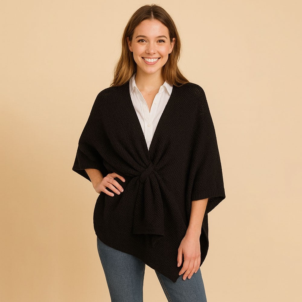 Black Waffle Knit Twist Front Poncho Wrap Cardigan Sweater Shawl Fall Fashion