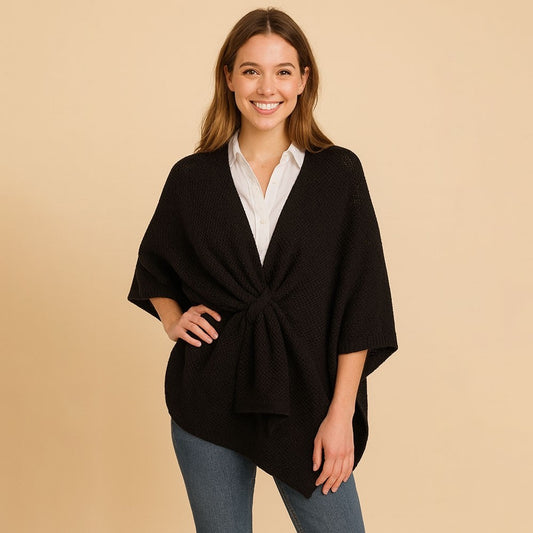 Black Waffle Knit Twist Front Poncho Wrap Cardigan Sweater Shawl Fall Fashion