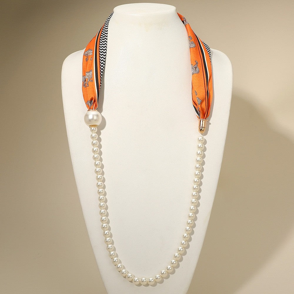 Orange Equestrian Pattern Scarf & Faux Pearl Beaded Statement Fashion Necklace