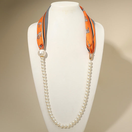 Orange Equestrian Pattern Scarf & Faux Pearl Beaded Statement Fashion Necklace