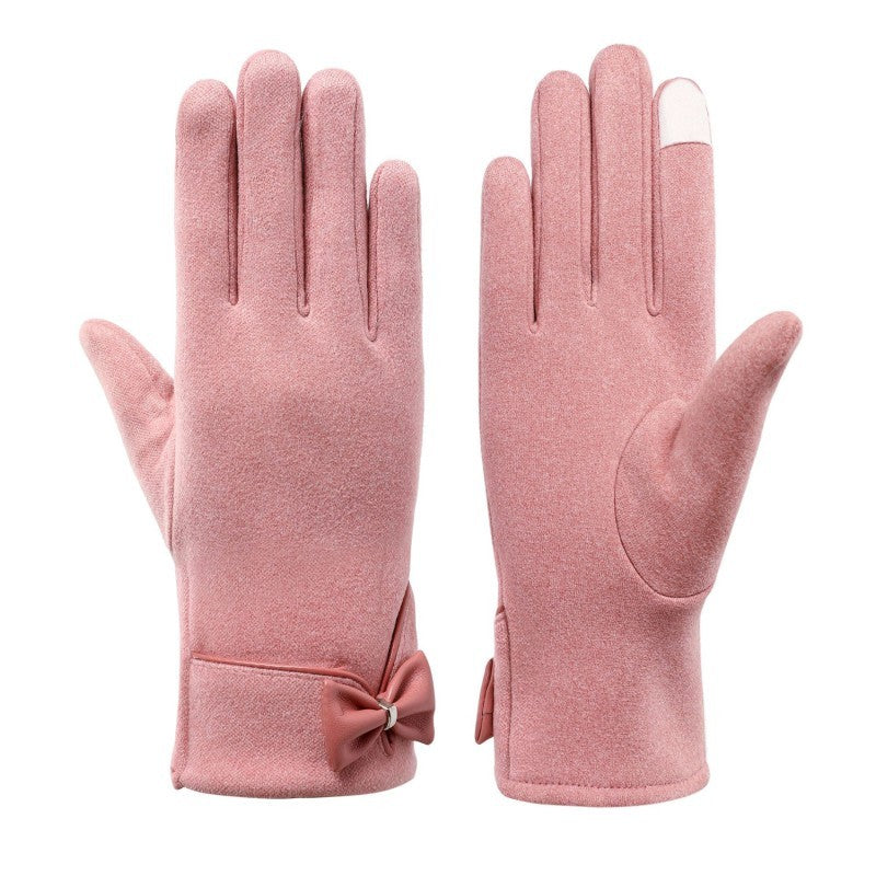 Pink Women's Winter Gloves Touch Screen Fleece Lined Bow Cuff Dressy Warm