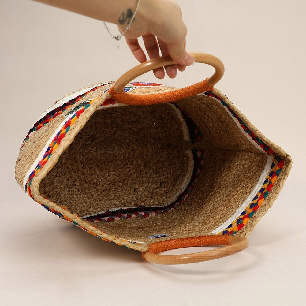 Handmade Seed Bead LOVE Jute Tote Bag with Wooden Handles | Boho Straw Purse
