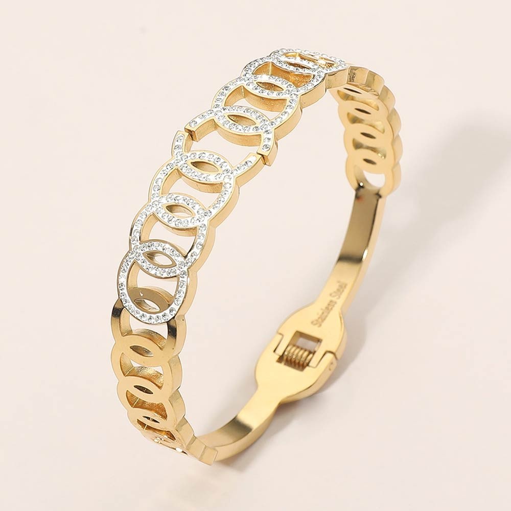 Gold Interlocking Oval Bangle Bracelet with Pave Crystal Accents Stainless Steel