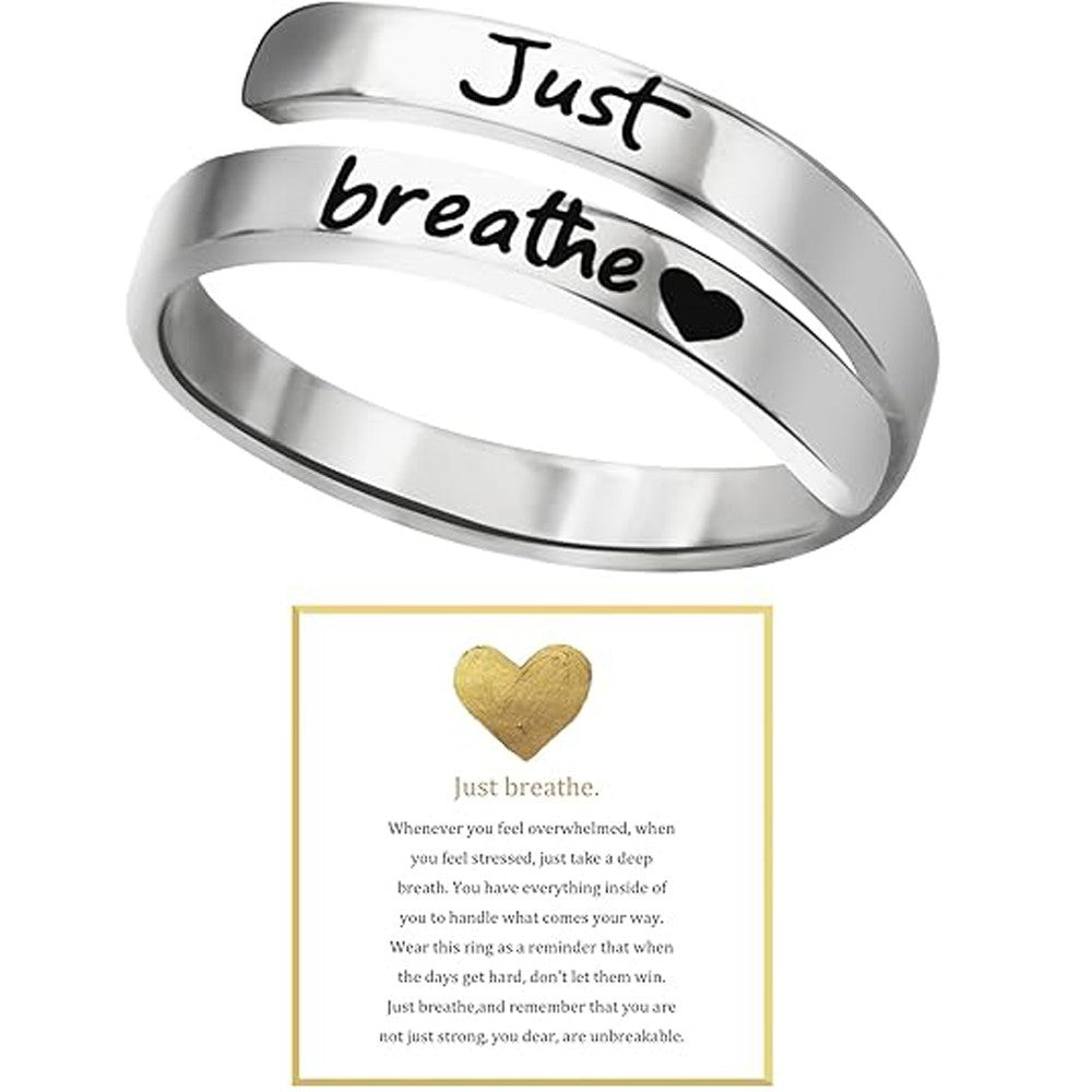 2 PCs Just Breathe Ring for Women Adjustable Heart Rings Stainless Steel