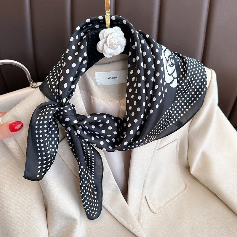 Silk Feel Polka Dot Scarf with Rose Print  Black & White Fashion Accessory Women