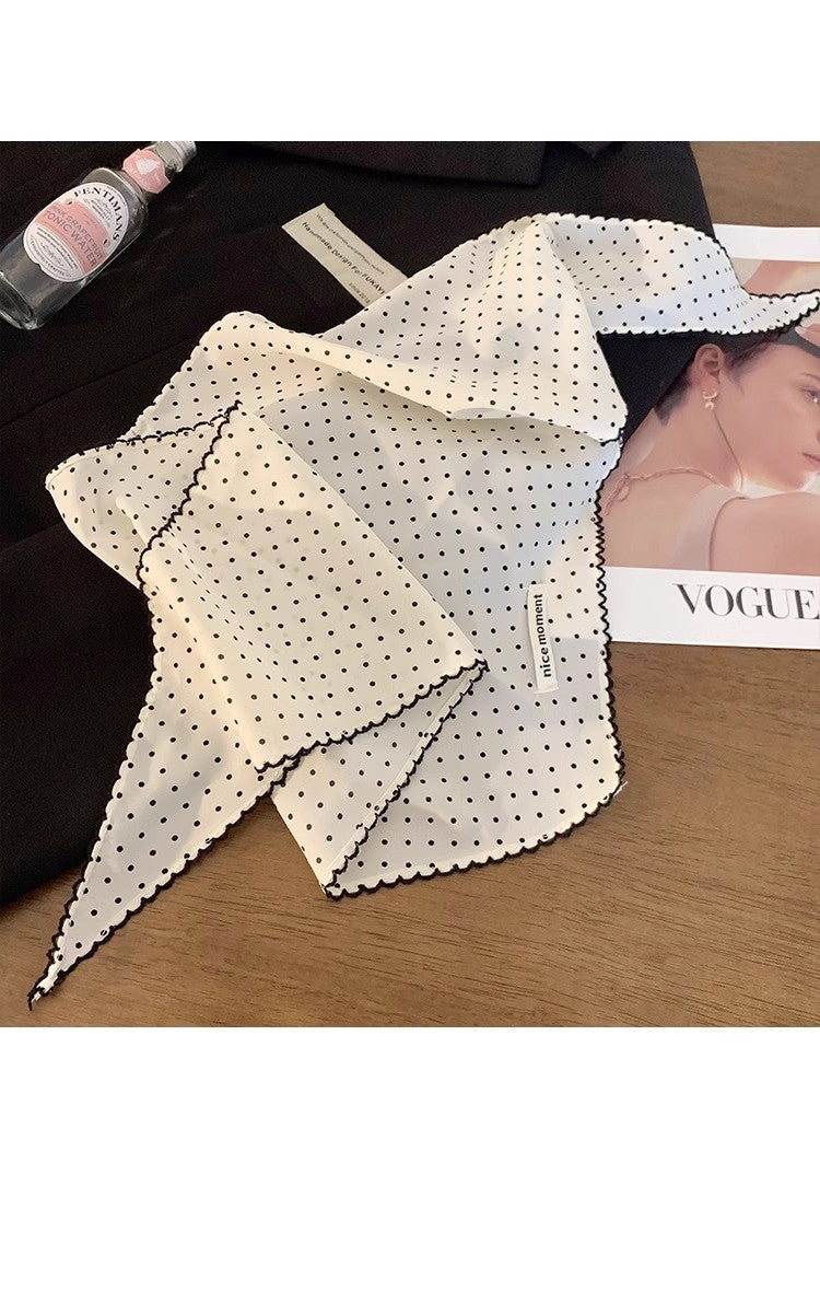 Chic Parisian Polka Dot Neckerchief Ruffled Trim Skinny Scarf for Women Fashion