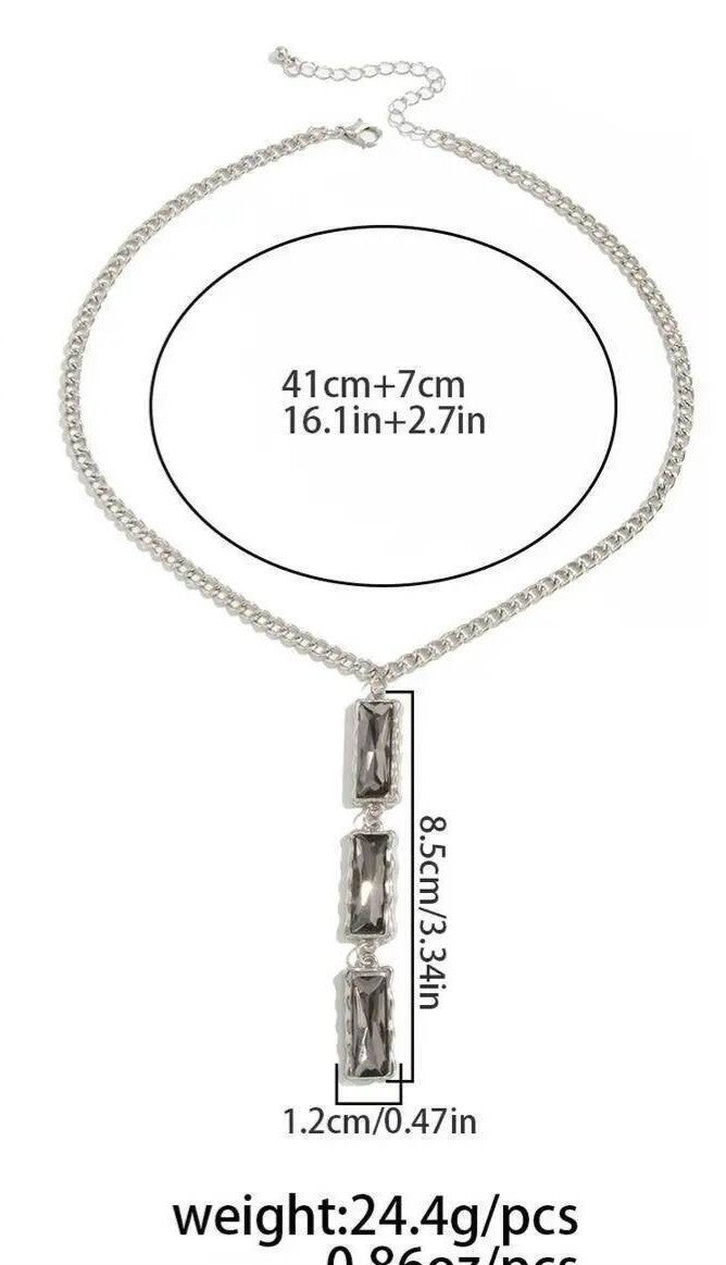 3 Stone Grey Crystal Drop Necklace Silver Curb Chain Rectangle Pendant Y-Shape