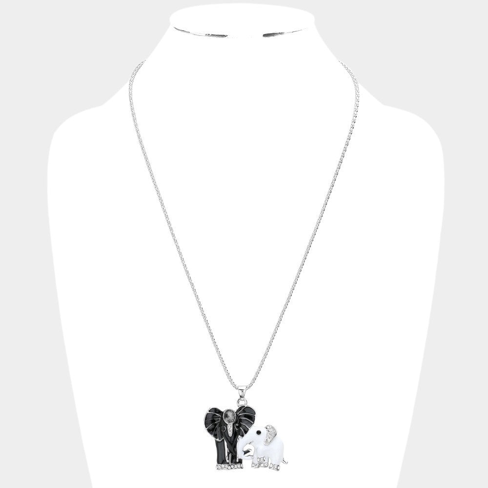 Oval Stone Accented Enamel Elephant Pendant Necklace for Women Silver Tone