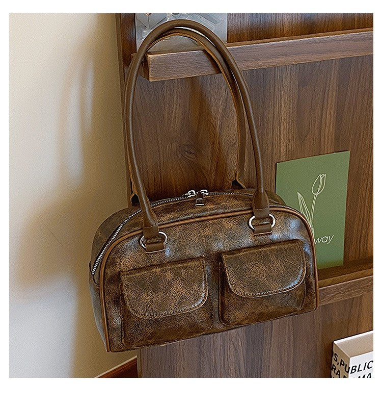 Vintage Y2K Distressed Brown Faux Leather Bowling Bag Double Pocket Shoulder Bag