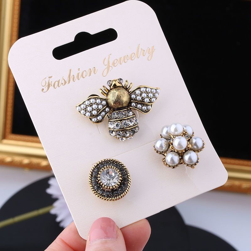 3pcs Bee Pearl Flower Brooch Pin Set Vintage Gold Tone Crystal Fashion Jewelry