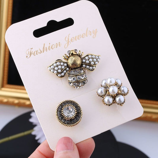 3pcs Bee Pearl Flower Brooch Pin Set Vintage Gold Tone Crystal Fashion Jewelry