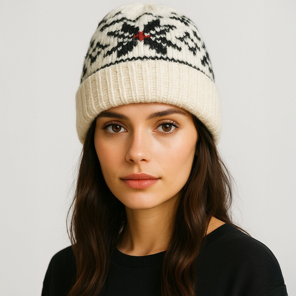 Black Red White Fair Isle Knit Beanie Hat Nordic Ski Winter Cap for Men Women