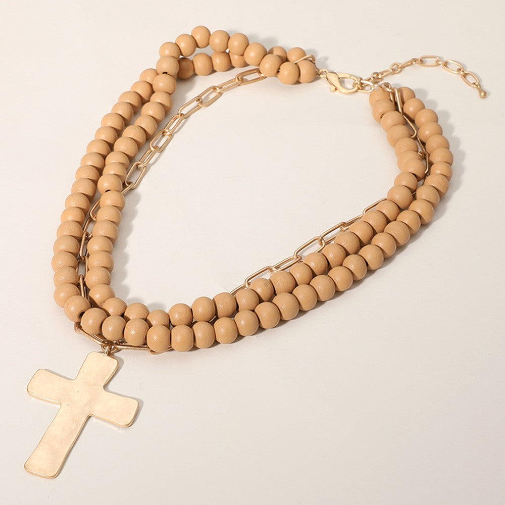 Beige Multi-Strand Beaded Necklace with Gold Cross Pendant Spiritual Layered