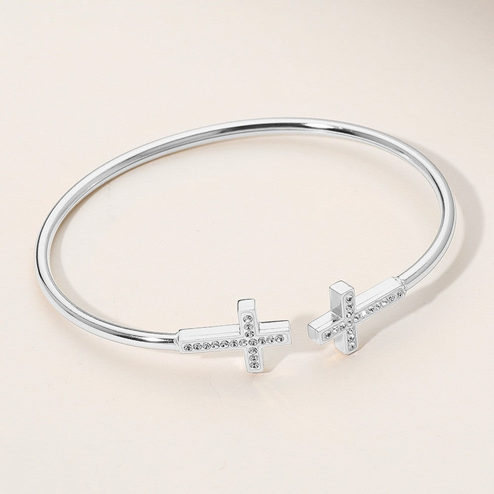 Holiday Gift Set! Gold & Silver Crystal Cross Cuff Bangle Bracelet Stack Duo