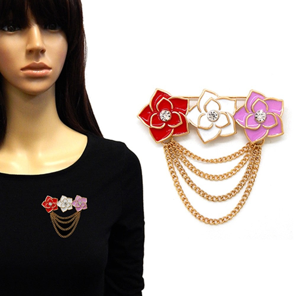 Gold Tone Floral Enamel Brooch Pin with Draping Chains - Red White Pink - 3.7" x