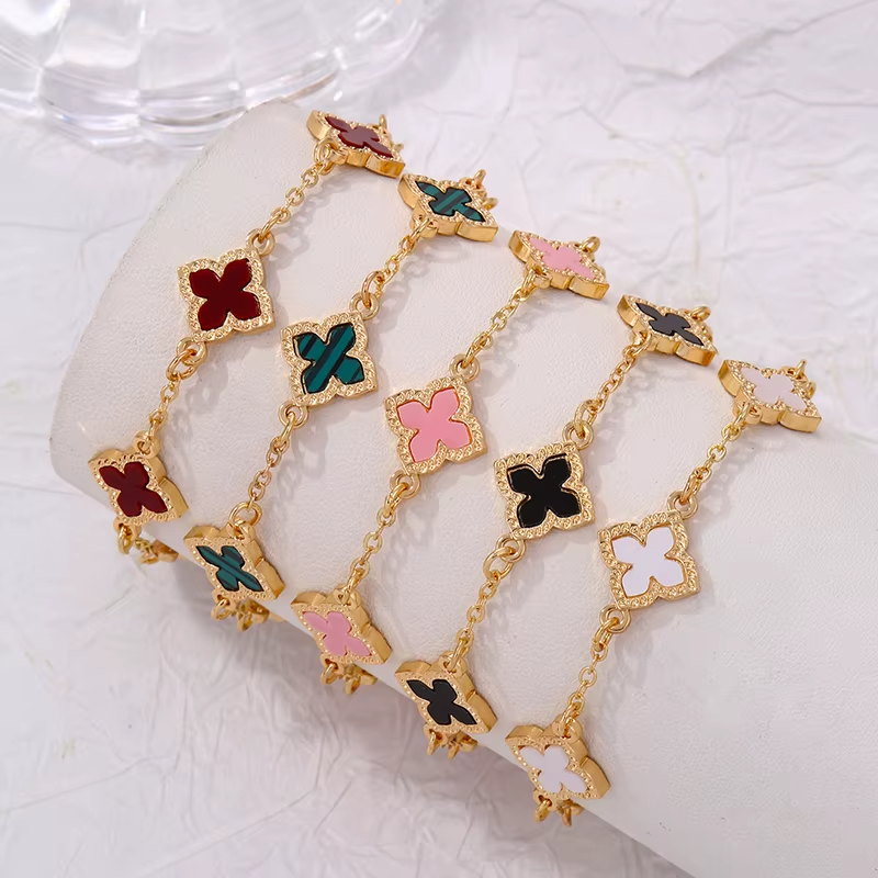5pc Clover Bracelet Set Gold Tone Enamel Charm Good Luck Holiday Gift Women