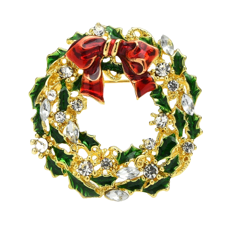 Christmas Wreath Brooch | Gold-Tone Rhinestone Holiday Pin