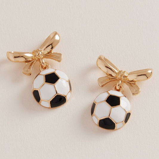 Women's Gold Tone Bow Accent Black White Soccer Ball Dangle Post Back Earrings