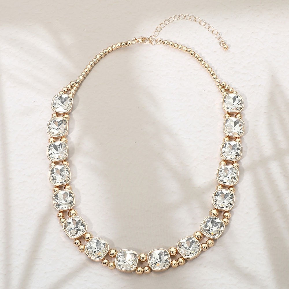 Gold-Tone Cushion-Cut Crystal Statement Necklace – Formal Bridal Jewelry