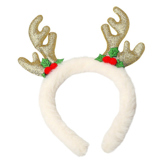 3pcs White Faux Fur Reindeer Antler Headbands Gold Glitter Holly Berry Christmas