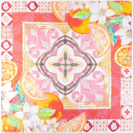 Pink and Orange Mediterranean Citrus Print Square Silk-Like Neck Scarf 27.5"