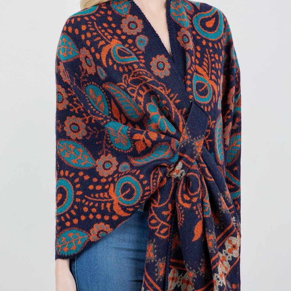 Open Front Boho Floral Paisley Shawl Wrap Poncho with Loop – Navy One Size