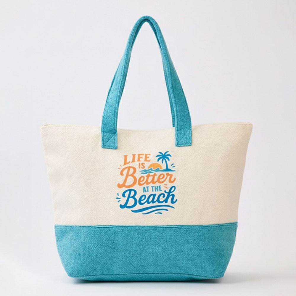 Women's "Life is Better at the Beach" Message Terry Tote Bag Inner Pockets Blue