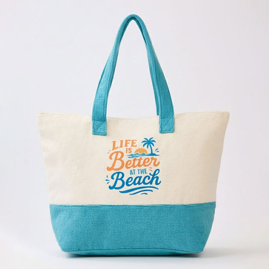 Women's "Life is Better at the Beach" Message Terry Tote Bag Inner Pockets Blue
