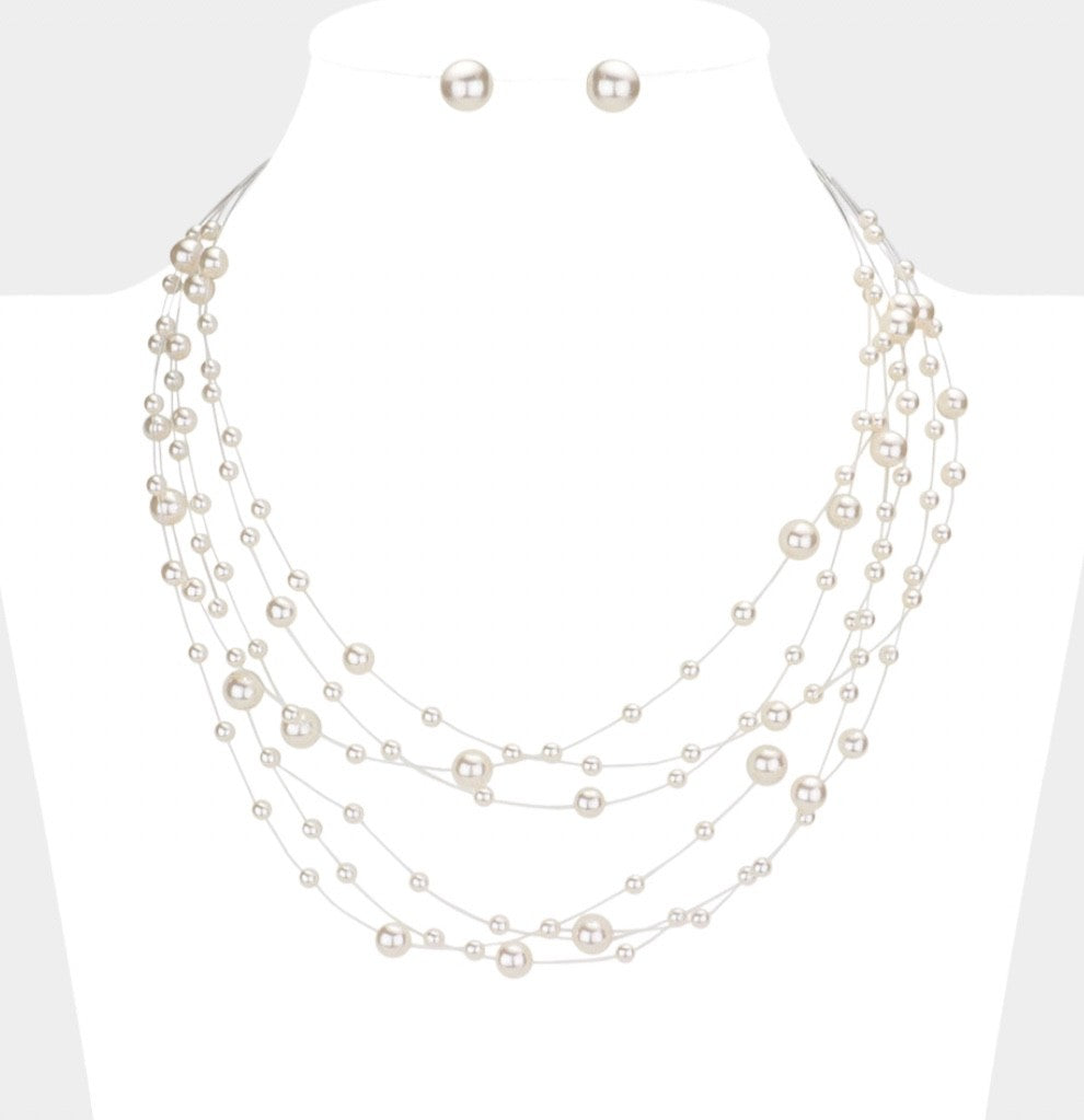 2pcs Elegant Cream Faux Pearl Multi Strand Illusion Necklace and Earring Set