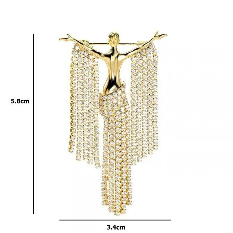 Gold Tone Rhinestone Tassel Dancer Brooch Pin Angel Figure Statement Jewelry
