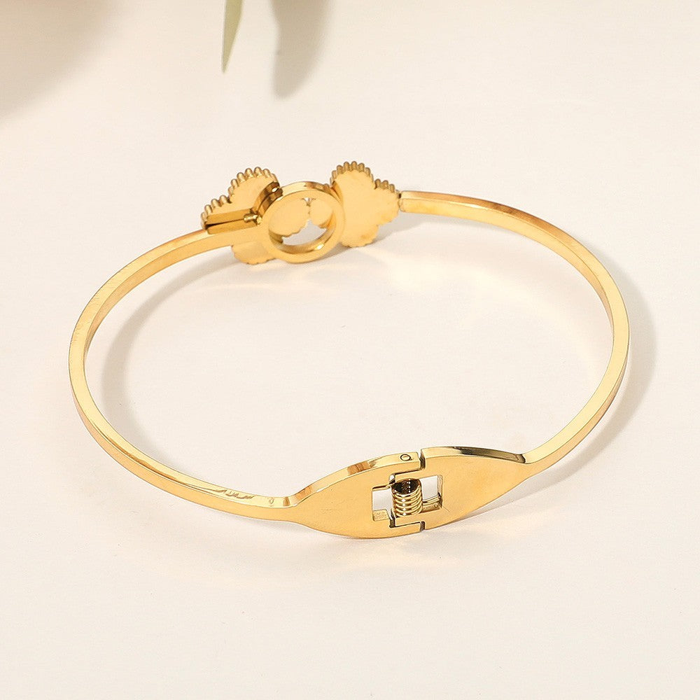 2-Pcs Gold Tone Pink Clover Bangle Bracelets Stainless Steel Hinged Women’s Gift