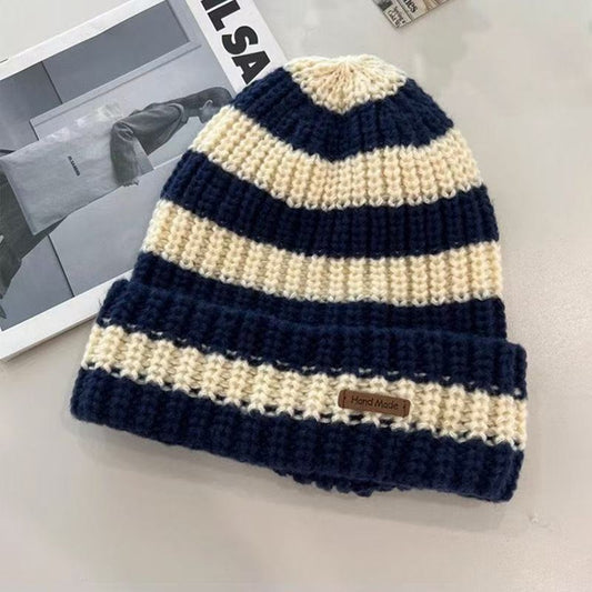2PCS Handmade Striped Knit Beanie Hat Set Blue Black Winter Slouchy Toque Cap