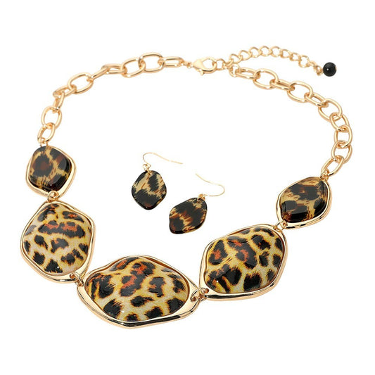 Chunky Bold Leopard Resin Pebble Plate Link Statement Necklace and Earrings Set